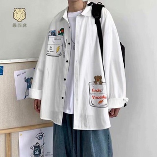 免運★【樂天虎】☀長袖襯衫 春季新款時尚港風潮牌卡通塗鴉工裝長袖方領襯衫男ins潮流寬松休閑襯衣上衣 男生衣著