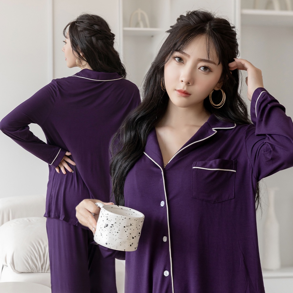 【Mini Queen】幸福奇蹟 極致親膚滑順莫代爾長袖褲裝睡衣二件組 (紫色)