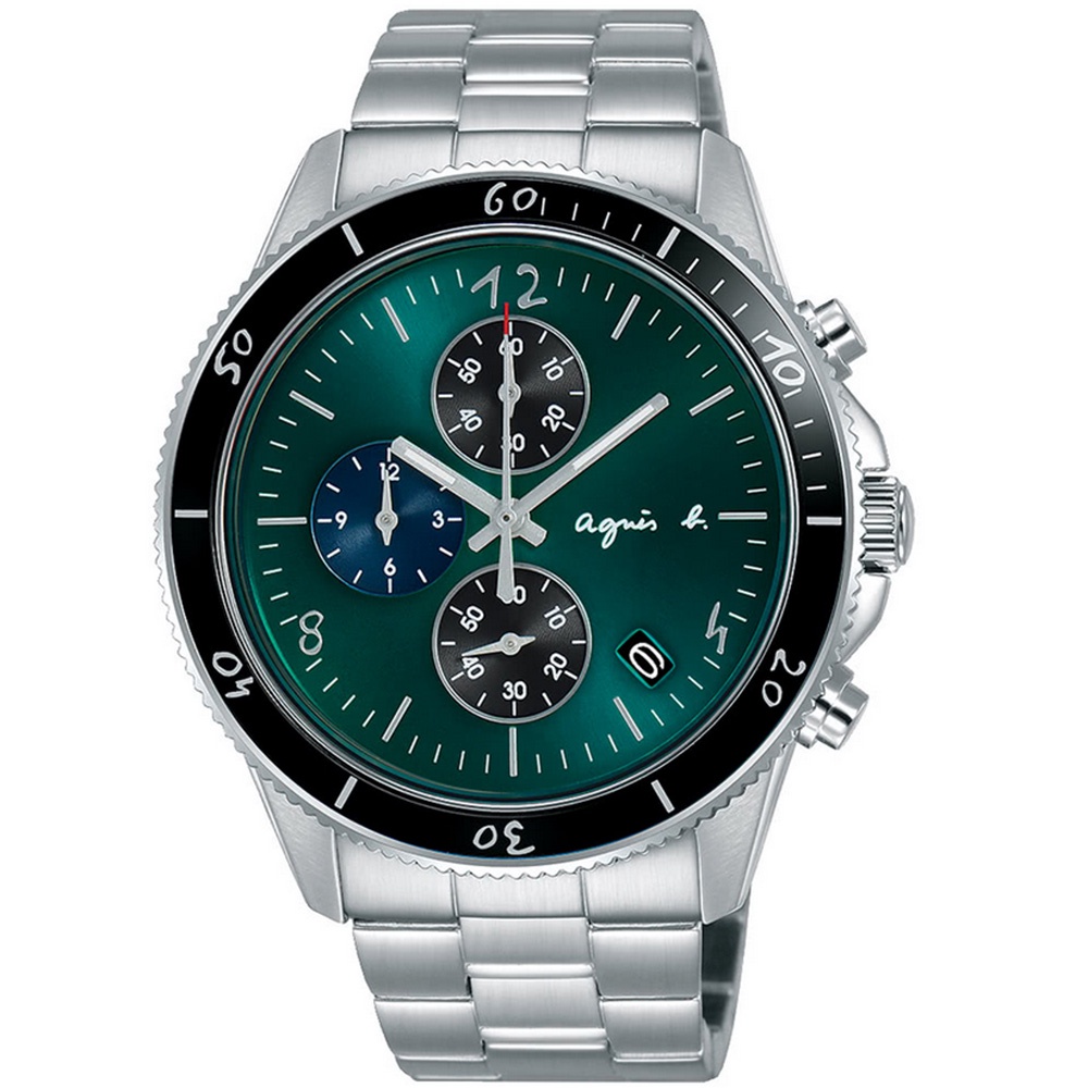 agnes b. 巴黎限定三眼計時手錶(B7A005X1)-綠銀43mm