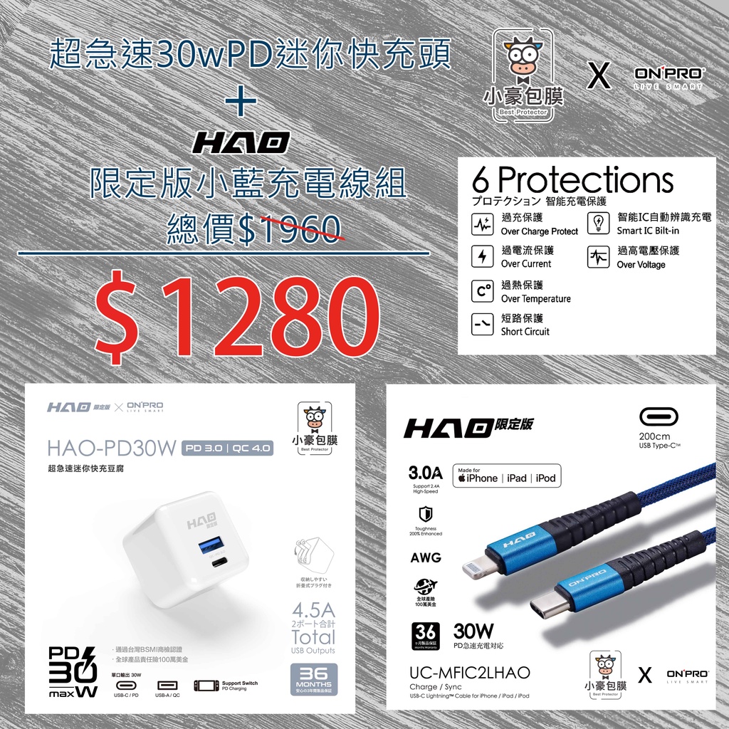 小豪包膜 Hao限定 Pd30w超急速迷你充電快充頭 2米小藍充電線 快充優惠組 蝦皮購物