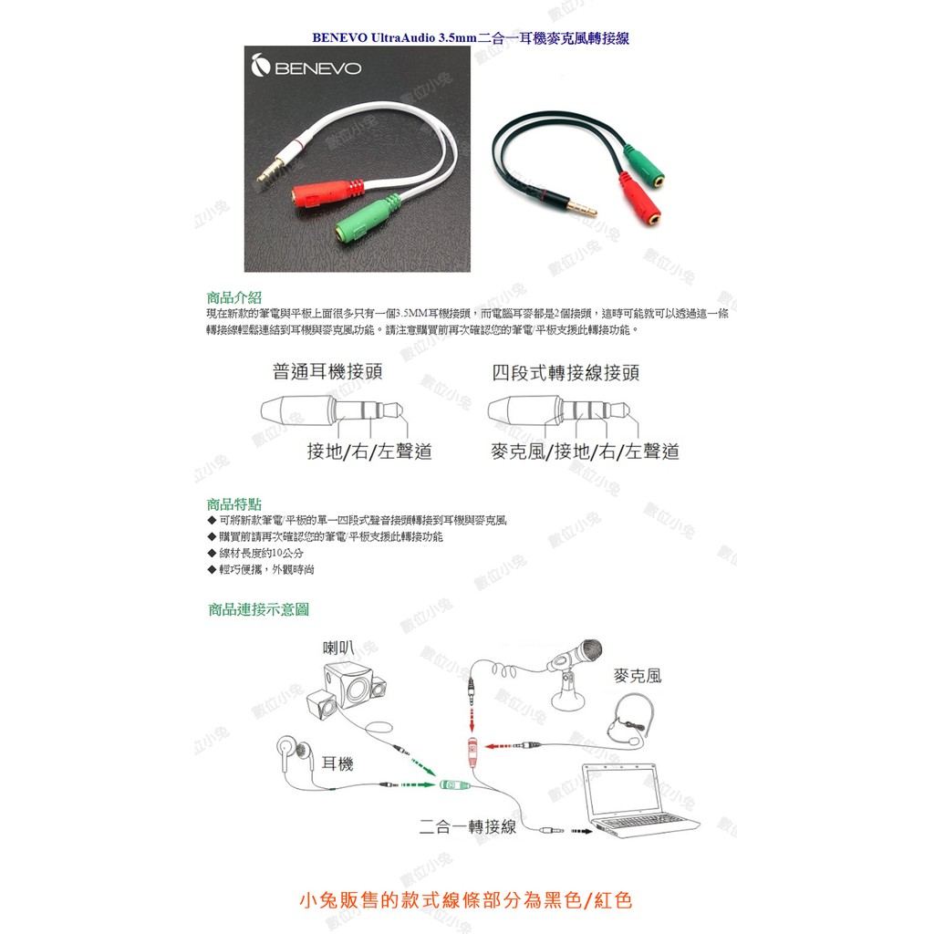 數位小兔 Benevo 3 5mm 二合一耳機麥克風轉接線 音源線一分二音頻轉換器直播手機耳麥電腦 蝦皮購物