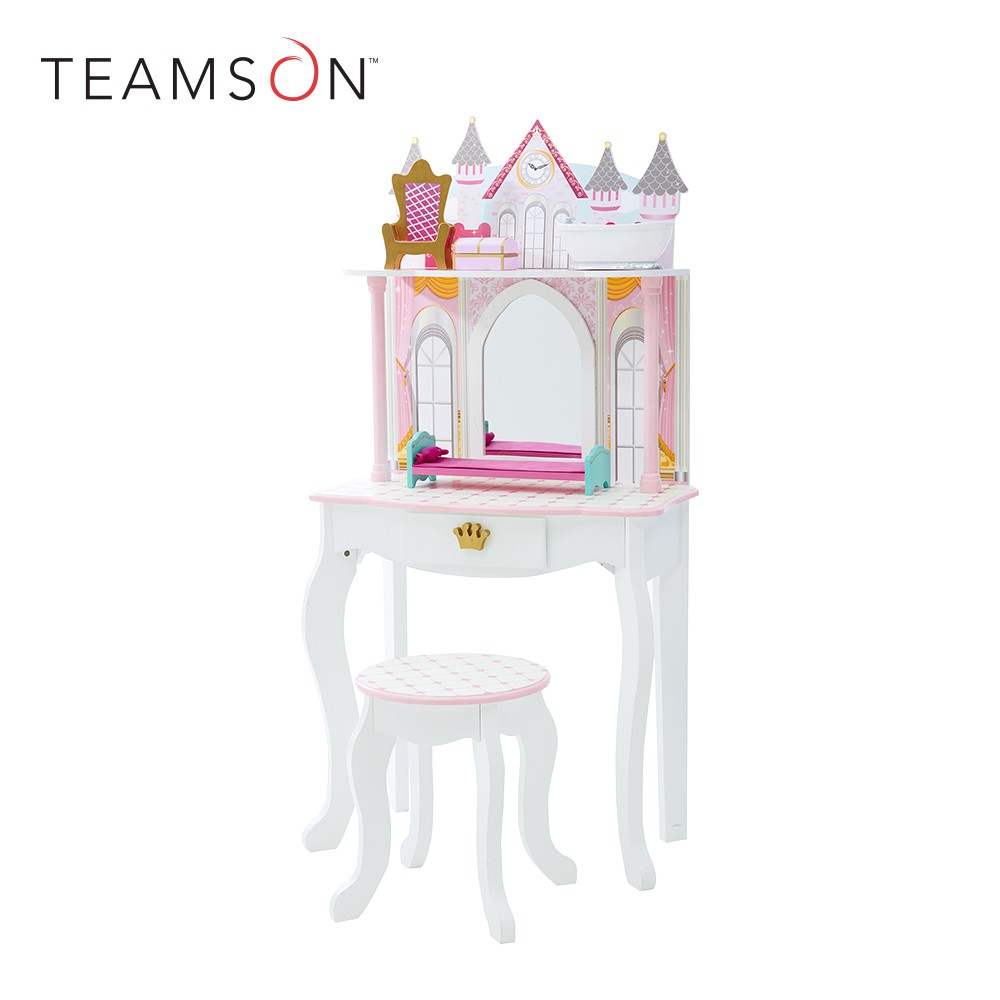 Teamson 奇境城堡2合1娃娃屋遊戲化妝桌椅組(附6件配件-白/粉紅)