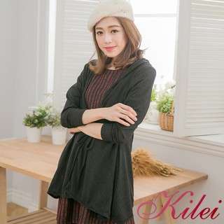【Kilei】女裝 薄外套 罩衫 長袖外套 女生衣著 坑直條紋連帽綁帶罩衫外套XA3043(簡約黑)全尺碼