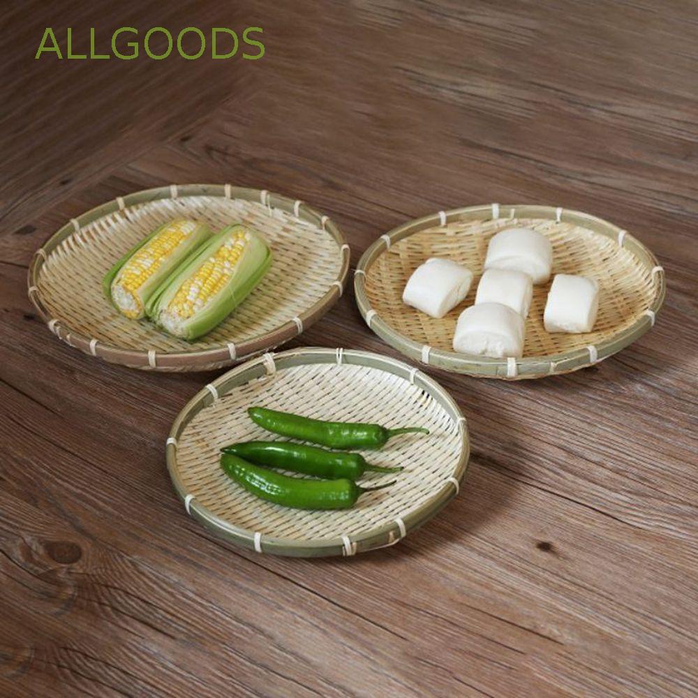 ALLGOODS 竹籃水果、麵包、籃子、廚房儲物自然DIY竹排柳條編織裝飾性的圓形簸箕