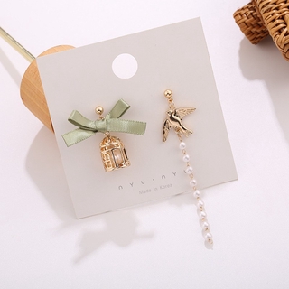 蝴蝶結鳥籠耳環『現貨』不對稱蝴蝶結鳥籠耳環 小鳥鳥籠耳環 蝴蝶結珍珠耳環 不對稱耳環 鳥籠耳環【簡單點】