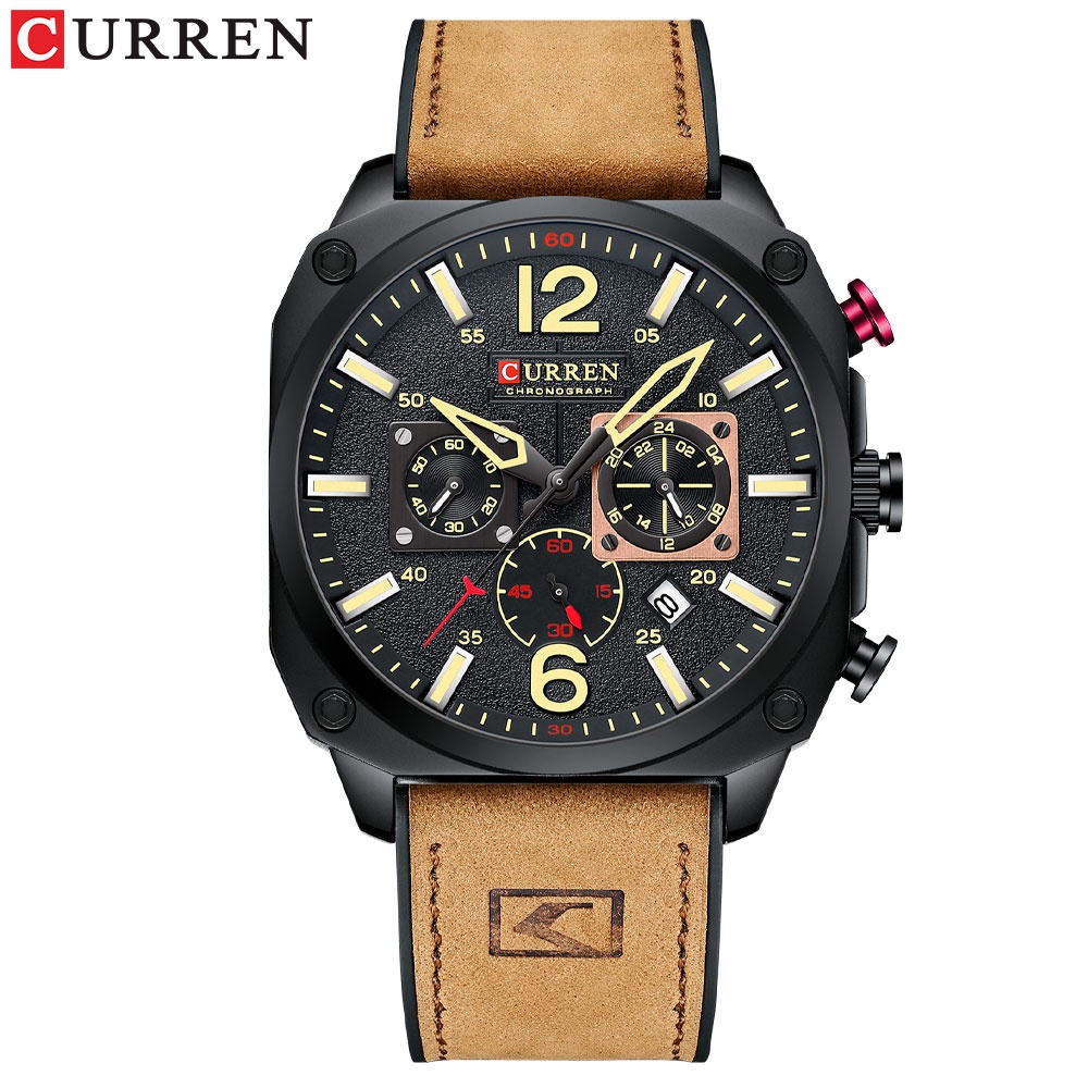 CURREN 男士日本機芯腕錶時尚皮革錶帶自動日期時鐘運動計時軍表熱銷 8398 X
