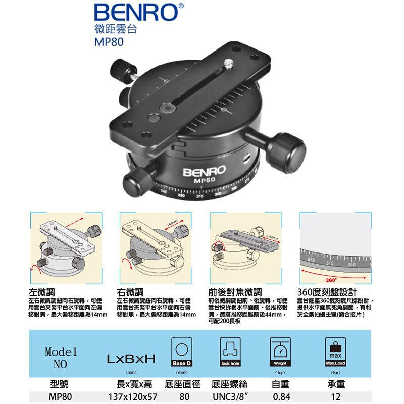 ◎相機專家◎ BENRO 百諾 MP80 鎂鋁合金微距雲台 MP-80 勝興公司貨