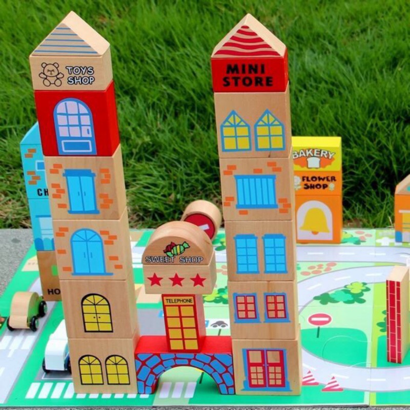 二手f  英國BOOTS Tiny Town -木頭積木玩具 大塊彩色50粒積木木質 城市交通積木組