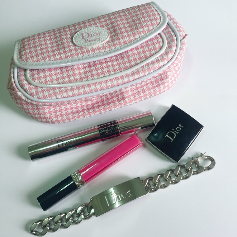 Dior 法式甜心粉色千鳥格紋化妝包 全新 正品 太陽眼鏡收納包 刷具包 絕版 附品牌提袋