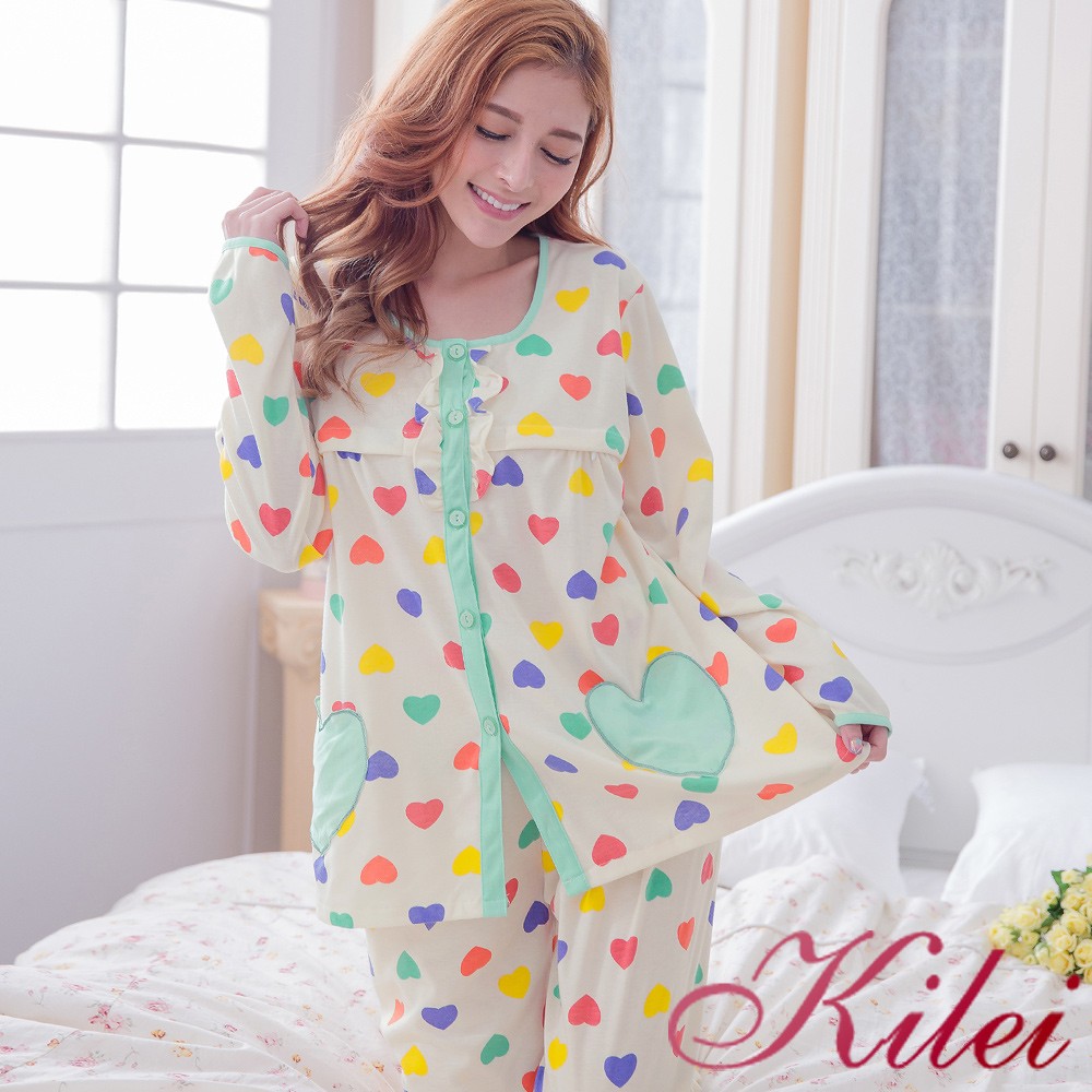 【Kilei】多彩愛心哺乳孕婦裝居家長袖二件式睡衣組XA2926(氣質藍綠)全尺碼
