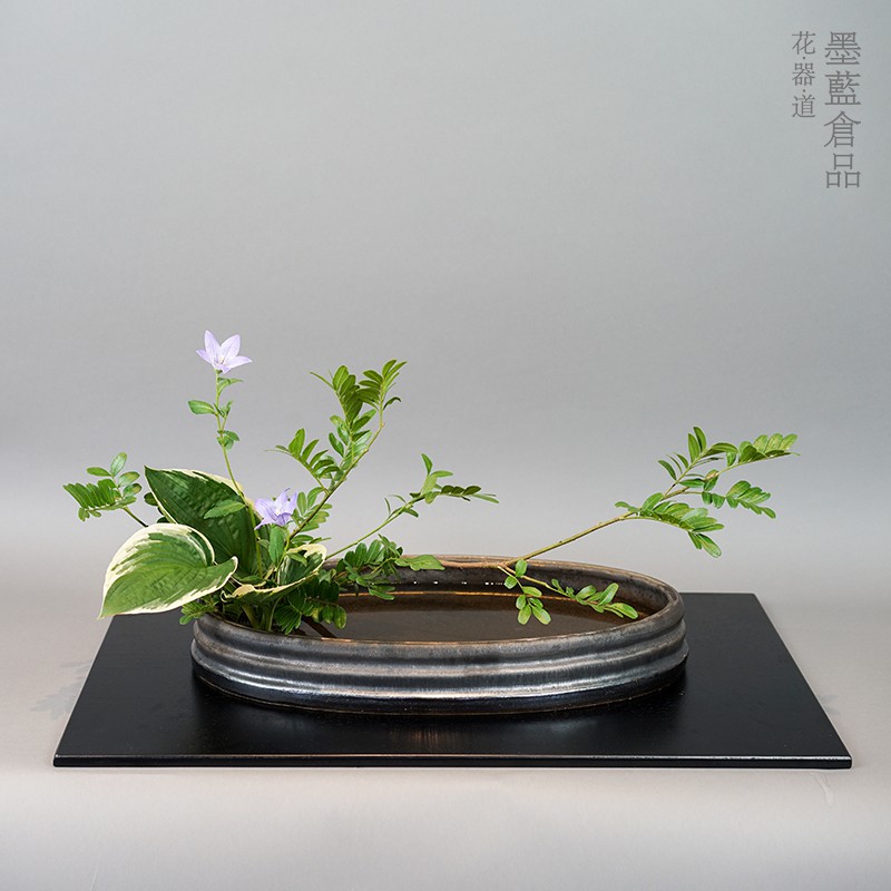 墨藍花器道 日本進口信樂燒琳派鎏金寫景大花盤花器池坊小原流日式插花器皿 蝦皮購物