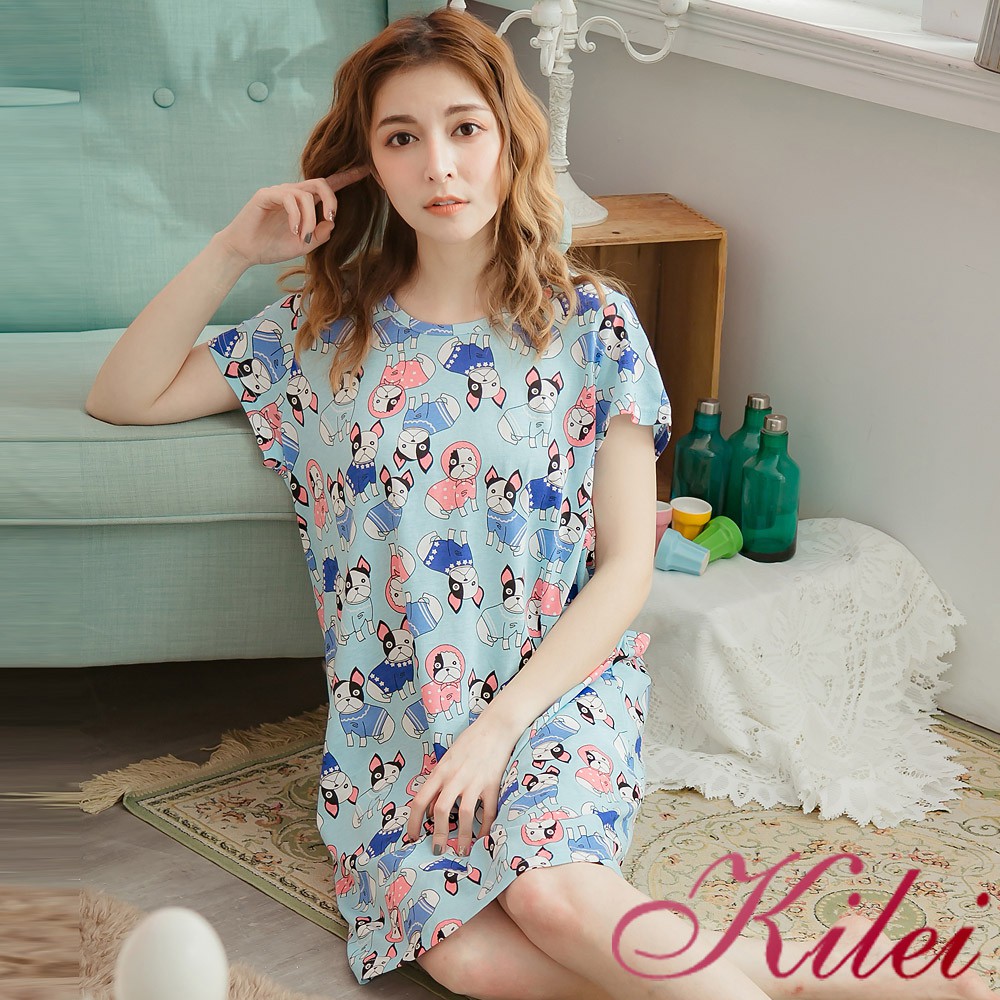 【Kilei】可愛狗插畫棉質連身休閒T睡衣XA3698(魅力淺藍)全尺碼