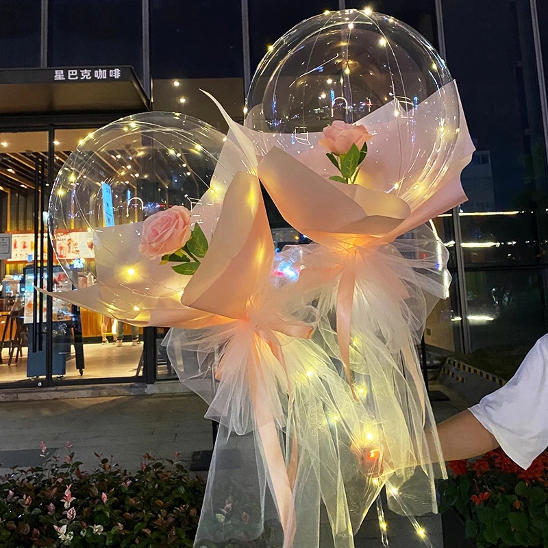 【現貨】一套 LED發光氣球玫瑰花束  網紅波波球 玫瑰花氣球 花束帶燈 透明發光 節日禮物 情人节表白神器