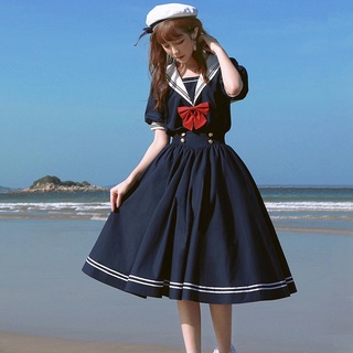 LightWind｜日式拼色學院風洋裝 學生百搭寬鬆海軍領 仙女A字裙
