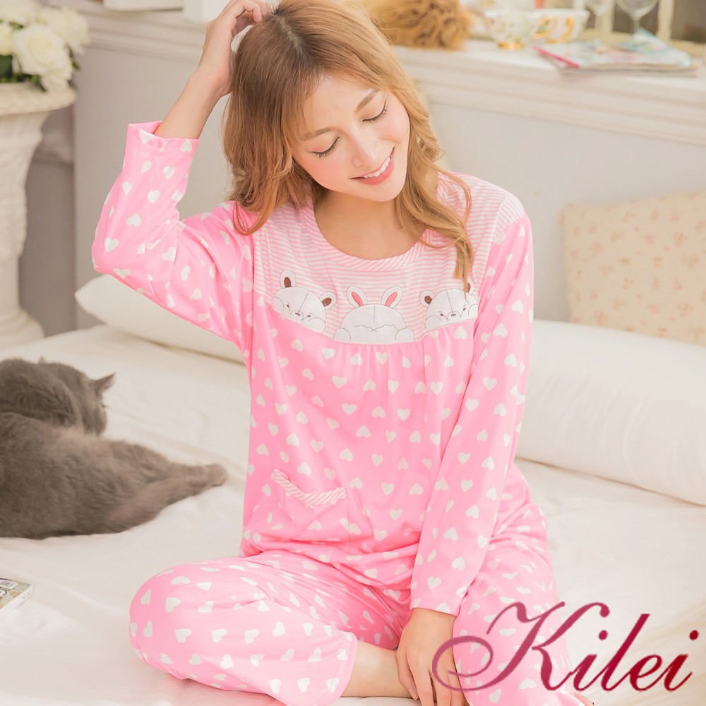 【Kilei】棉愛心條紋動物長袖二件式睡衣組XA3098-01(日系深粉)全尺碼