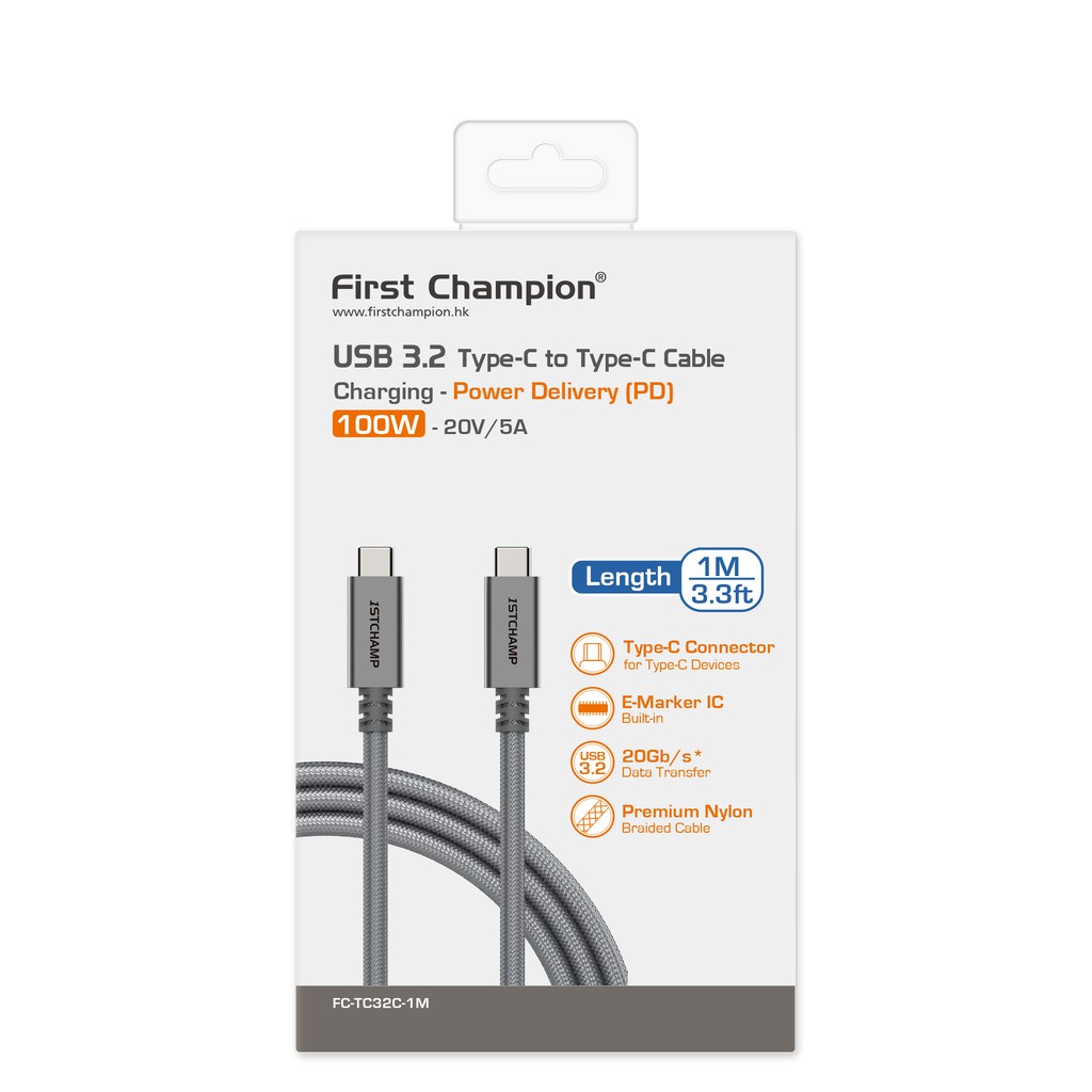 First Champion 1米 USB-C 至 USB-C 100W PD-USB 3.2 高速數據充電線