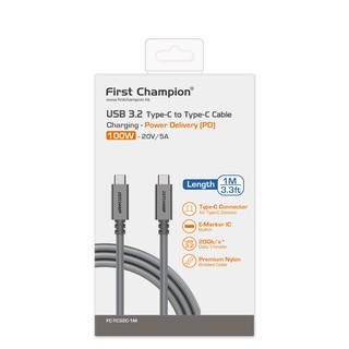 First Champion 1米 USB-C 至 USB-C 100W PD-USB 3.2 高速資料充電線