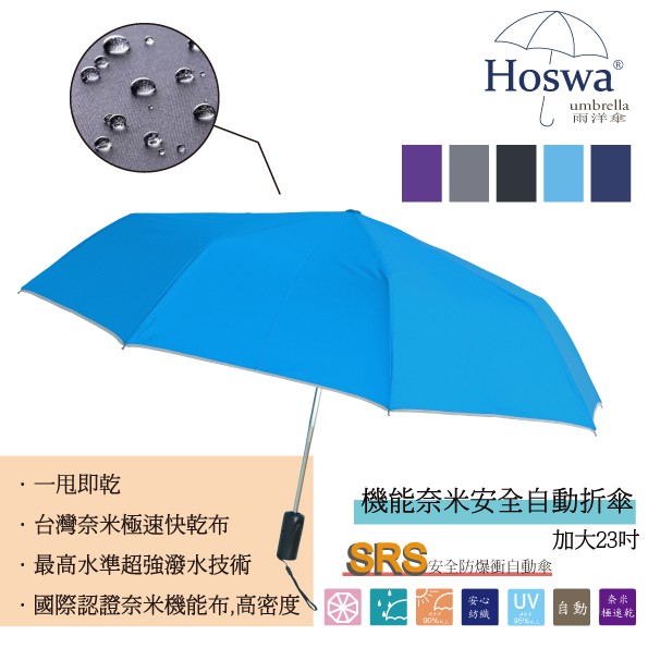 【Hoswa雨洋傘】MIT福懋奈米快乾傘布 23吋/2人同行加大 安全自動傘 專利SRS防暴衝 台灣雨傘品牌-寶藍現貨