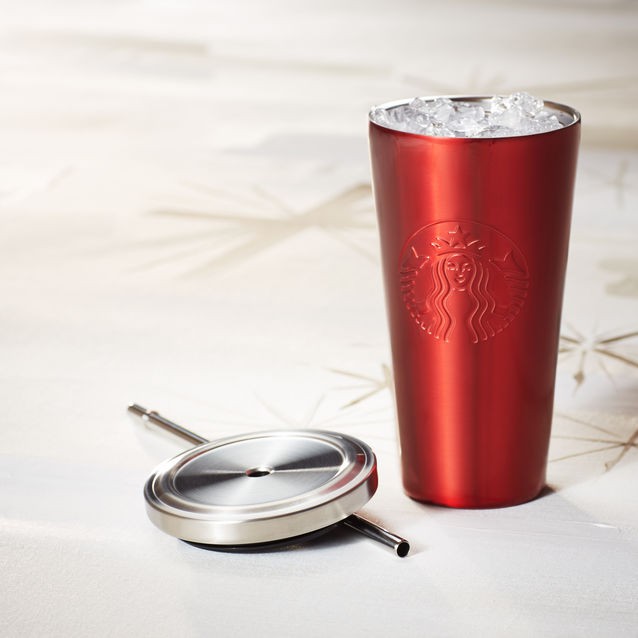 全新美國星巴克亮紅色浮雕商標不鏽鋼杯隨身杯 冷飲杯保溫杯杯子 Starbucks Red Logo