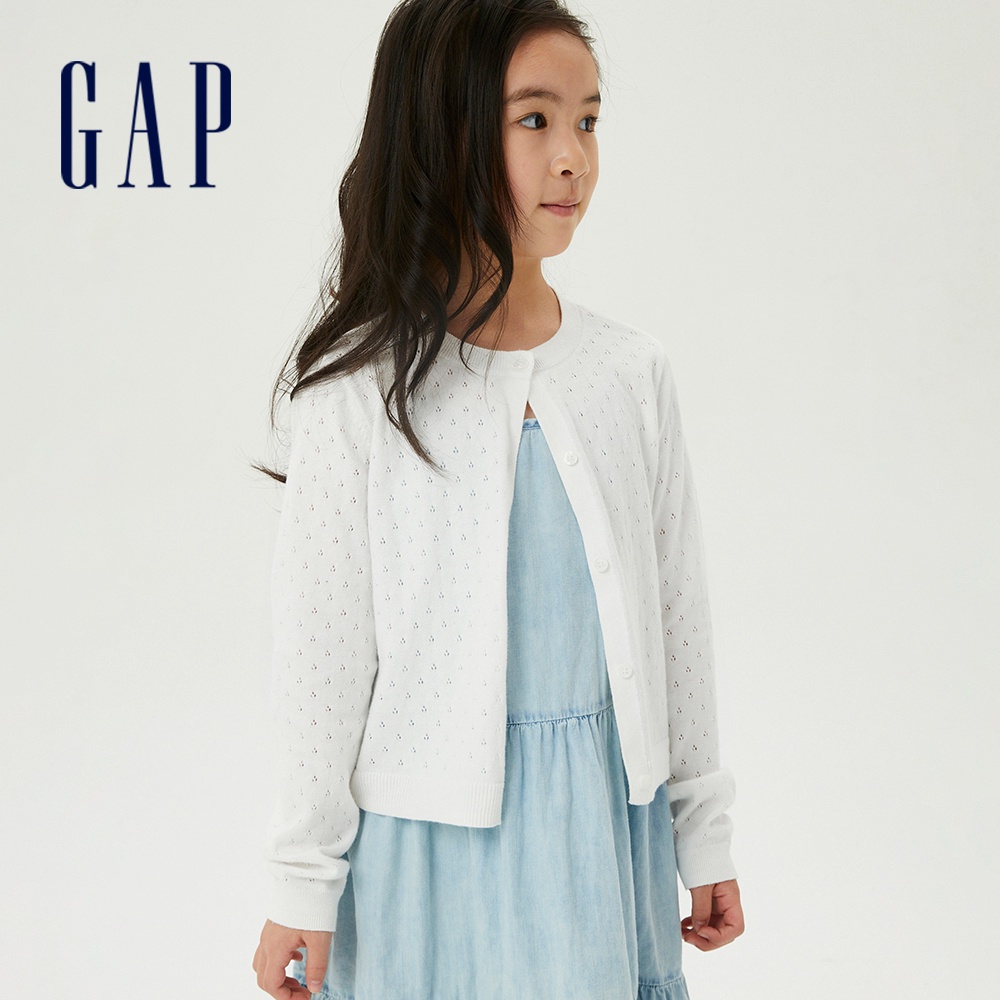 Gap 女童裝 純棉寬鬆鏤空針織外套-白色(793094)
