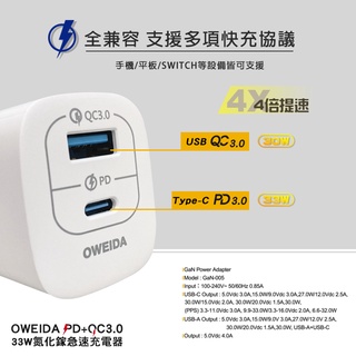 Oweida 閃充充電頭 USB Type-C 支援 PD+QC充電器 適用 iPhone 三星 OPPO 快充充電頭