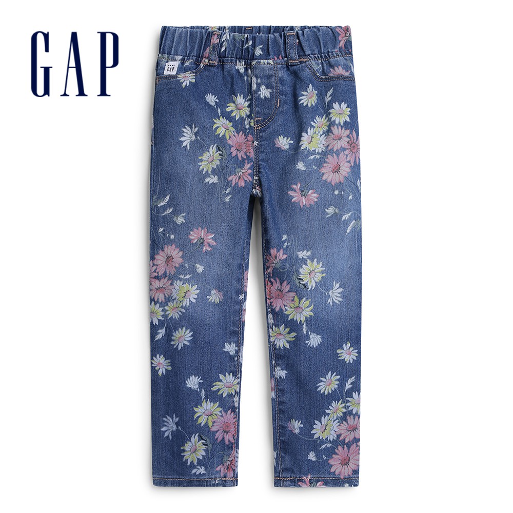 Gap 女幼童裝 創意花卉鬆緊牛仔褲-藍底印花(552605)