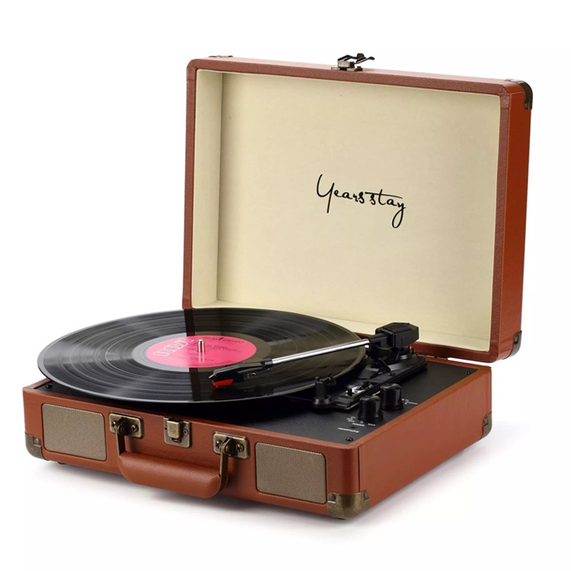 復古黑膠唱片機 唱片機 留聲機 荔枝紋棕色留聲機 黑膠唱片 大功率手提留聲機 收藏 禮物