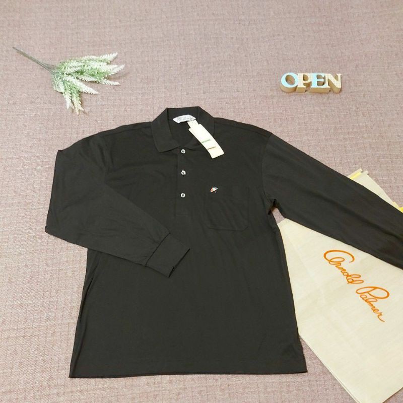 全新 古著 ARNOLD PALMER 雨傘牌 型男必備 Logo繡 口袋 經典黑 長袖POLO 原價1980 日本