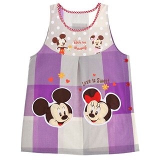 *現貨*日本Disney 迪士尼 紫色 格紋 米奇 米妮 大頭Ｑ版 刺繡 圍裙 工作服 工作背心