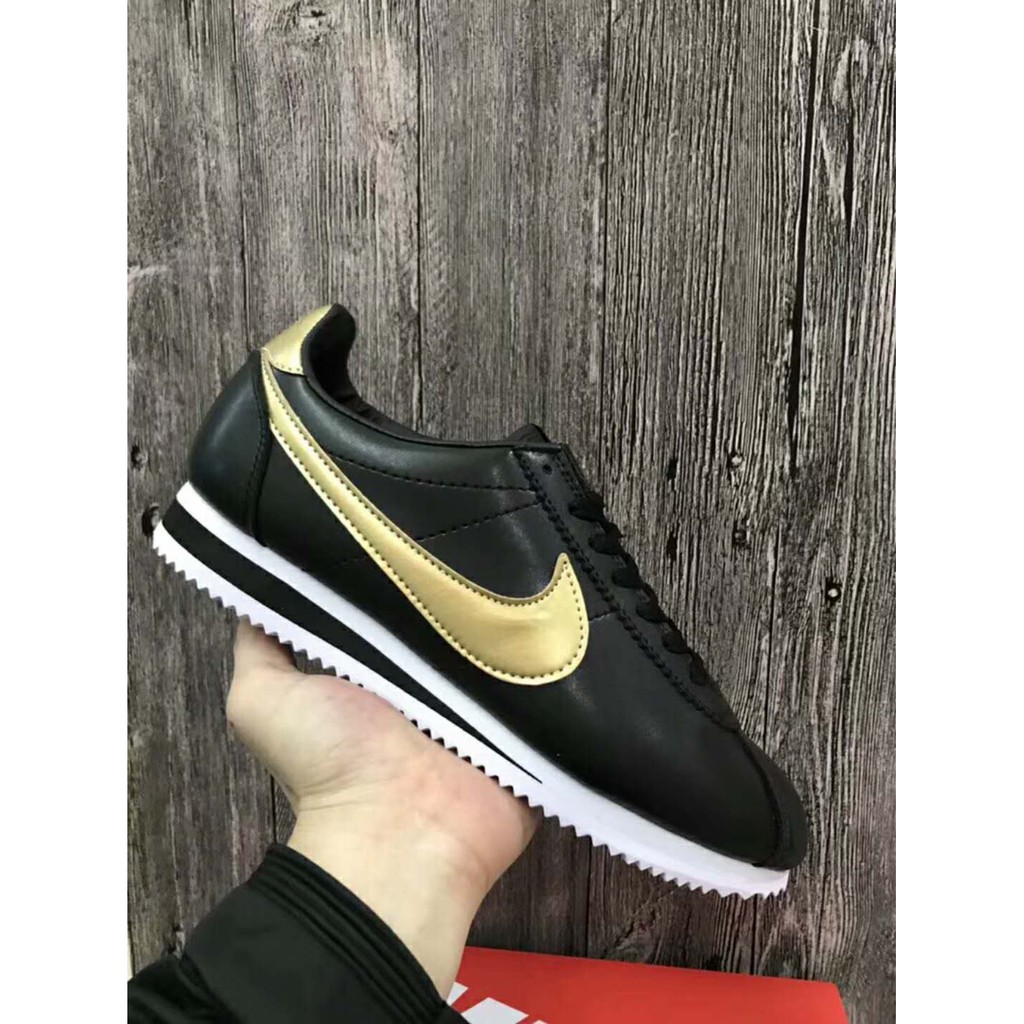 Nike Cortez 皮皮質皮革阿甘阿甘鞋黑色黑底金勾金屁股金標情侶款運動鞋男女跑步鞋休閒鞋 蝦皮購物