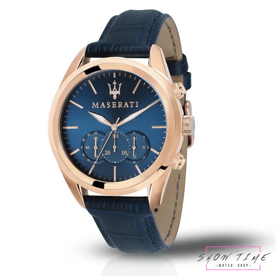 MASERATI 瑪莎拉蒂 經典三環計時腕錶-皮帶/藍面玫瑰金 R8871612015 [ 秀時堂 ]