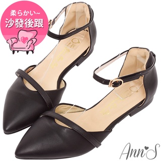 Ann’S柔美心動-造型斜帶顯瘦繞踝平底尖頭鞋-黑