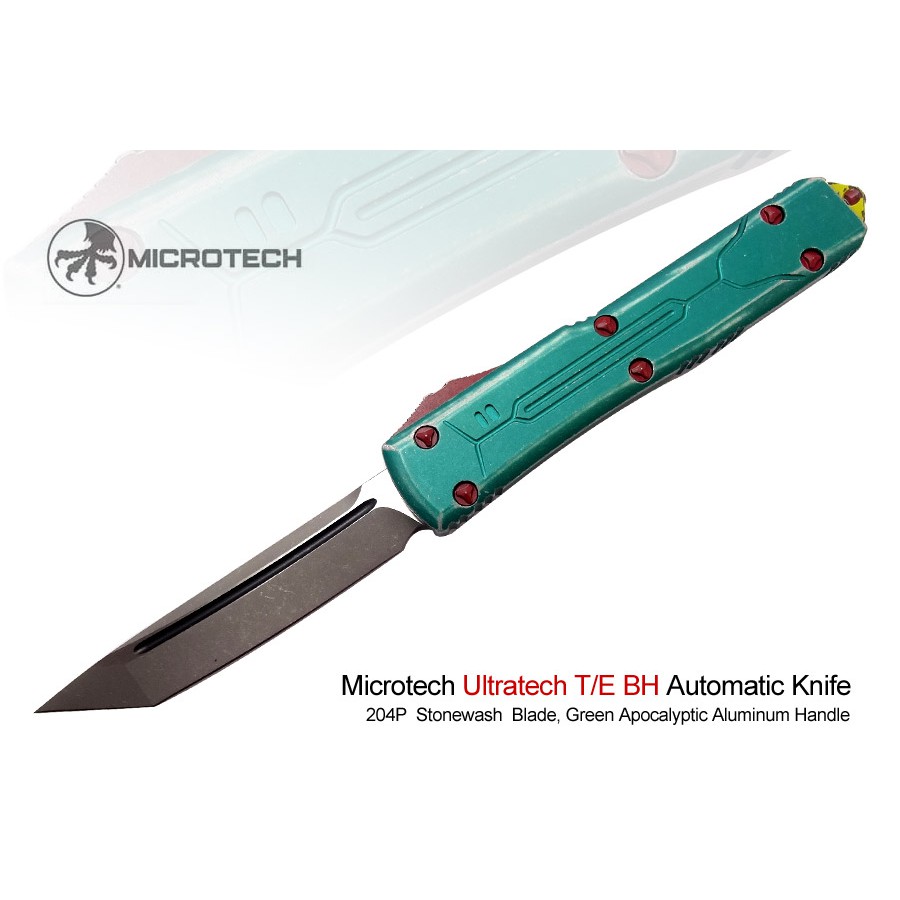 Microtech Ultratech 賞金獵人彈簧刀綠鋁柄紅螺絲特別版(204P鋼 /石洗刃/握柄舊化處理)