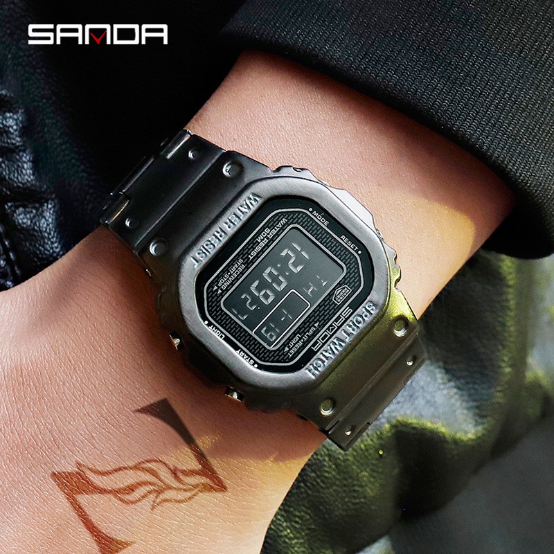 SANDA 三達 390 頂級豪華 男士 手錶 LED 數字 手錶 男士 5ATM 休閒 防水 手錶 鋼 時鐘 純金屬