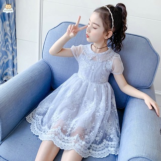 韓版公主裙 兒童裙子 女童連衣裙2022夏裝新款韓版短袖兒童洋氣時尚小女孩蕾絲公主裙子