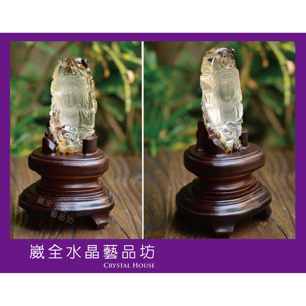 【崴全水晶】【附贈木座】天然 紫水晶/黃水晶/ 白水晶 共生 觀音 小雕件【不含木座約80.7g】 ※ 鎮宅 保平安