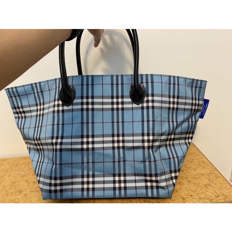 (全新）BURBERRY blue label 藍標 正品 日本帶回粉藍格紋中型水餃包 提袋 肩背包 購物袋