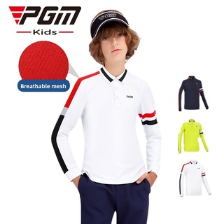 Pgm GOLF Teen 白色綠色海軍藍色長袖 polo 衫,帶透氣網眼,適合男孩兒童戶外運動