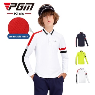 PGM GOLF 青少年透氣網眼設計長袖polo衫適合兒童男孩戶外運動白色綠色深藍色