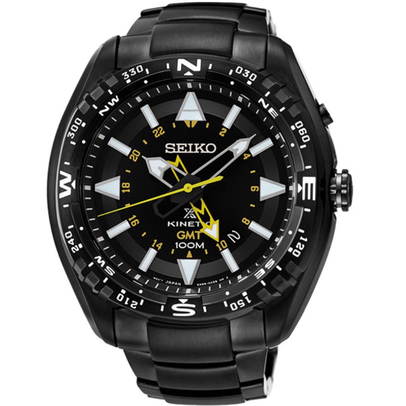 SEIKO PROSPEX KINETIC 精工黑離子GMT人動電能鋼帶腕錶 型號：SUN047J1