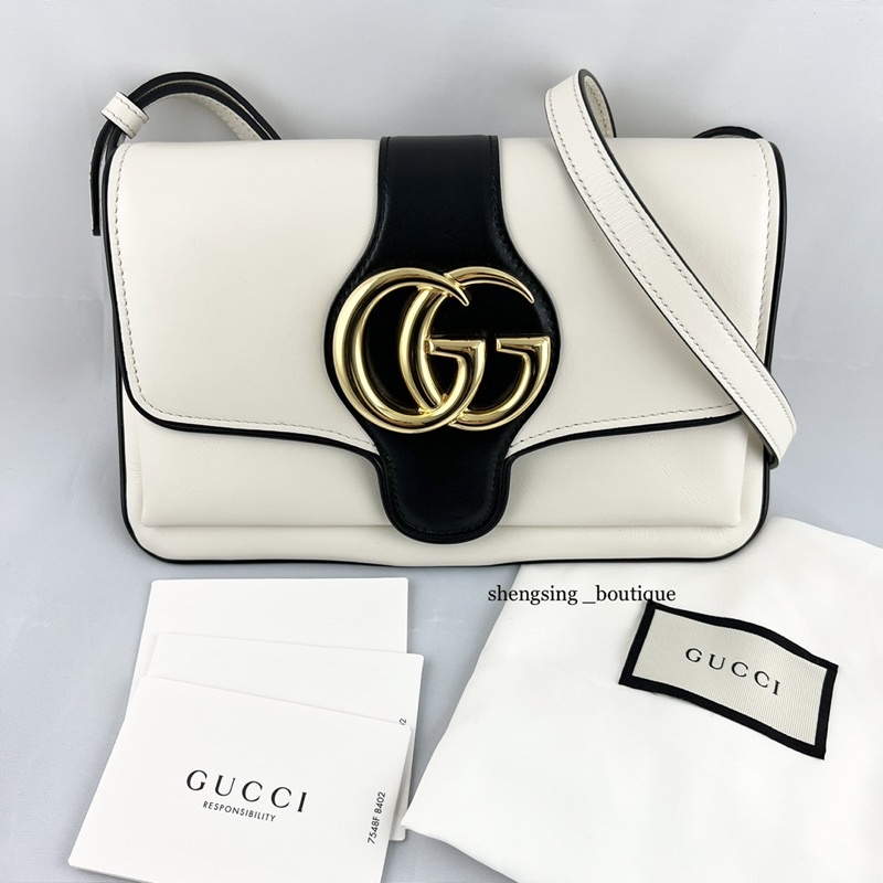 （歡迎線上刷卡無息分期）[二手正品]GUCCI 550129 Arli 黑白拼接 風琴包 斜背包 金釦