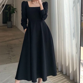 黑色長袖洋裝 氣質方領素色洋裝 輕熟風優雅長裙a字裙女
