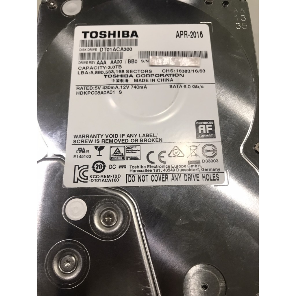 東芝Toshiba 3TB 故障硬碟 DT01ACA300 NG報帳研究用