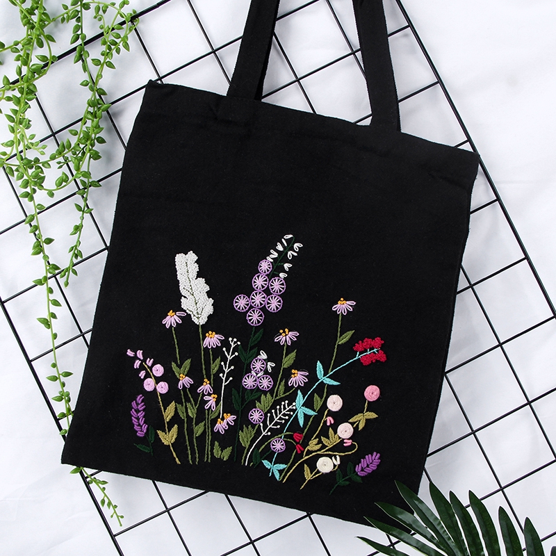 美岸DIY刺繡環保帆布袋日式手提包創意制作布藝材料包立體綉花叢黑色帆布袋實拍