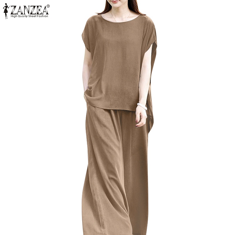 Zanzea 女士韓版復古休閒寬鬆套裝 O 領短袖上衣 + 高腰闊腿褲