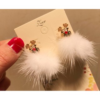 現貨💗佑媽嚴選Y380💗 韓國東大門耶誕節白色水貂毛麋鹿聖誕老人耳環氣質毛絨耳釘女