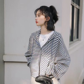 蔓莎💞2023秋季新款韓版寬松顯瘦條紋長袖薄款連帽衛衣女運動開衫外套女 女生衣著