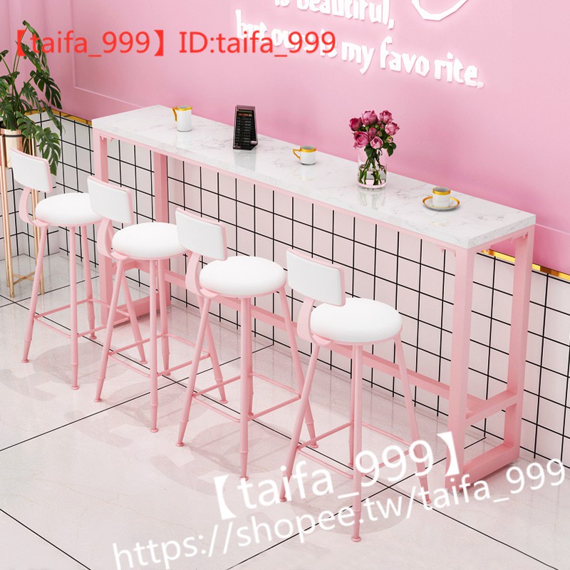 粉色大理石吧臺桌椅商用創意靠墻桌家用北歐奶茶蛋糕店高腳長條桌