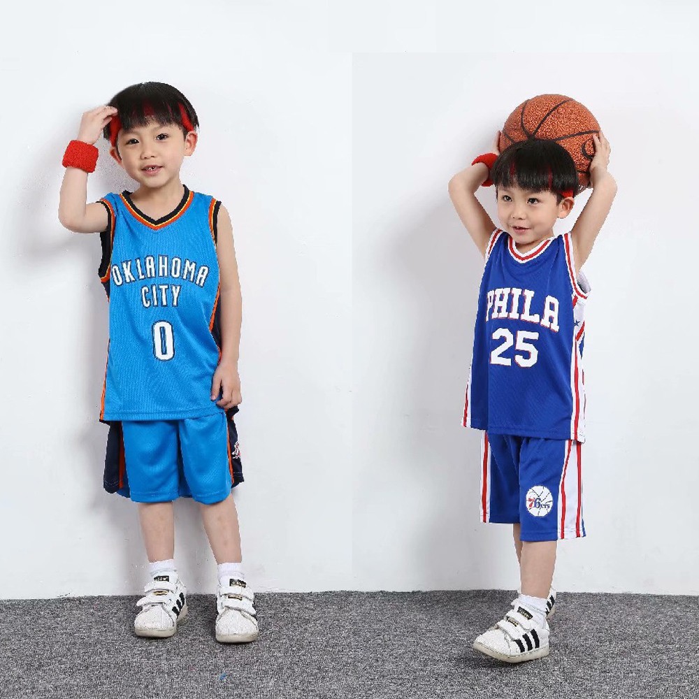 76人隊25號 Simmons 雷霆隊0號Westbrook 小孩籃球服籃球衣 夏季兒童籃球運動服套裝幼稚園表演服童裝