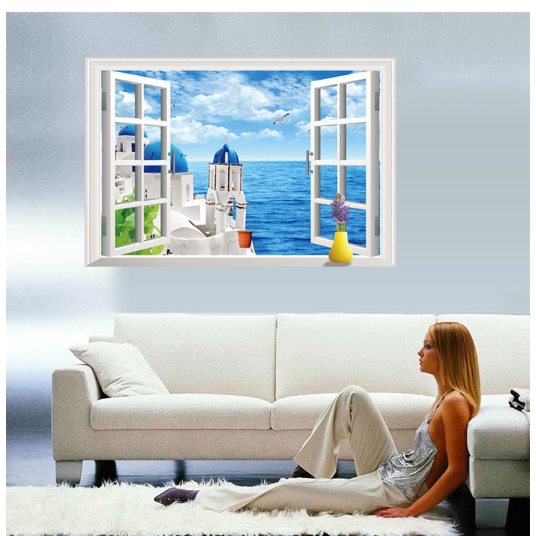 90x60 地中海風 薰衣草花瓶 海景假窗戶外風景壁畫  3D無痕壁貼 牆貼 可移除牆貼紙 臥室客廳組合大牆貼 3D窗景